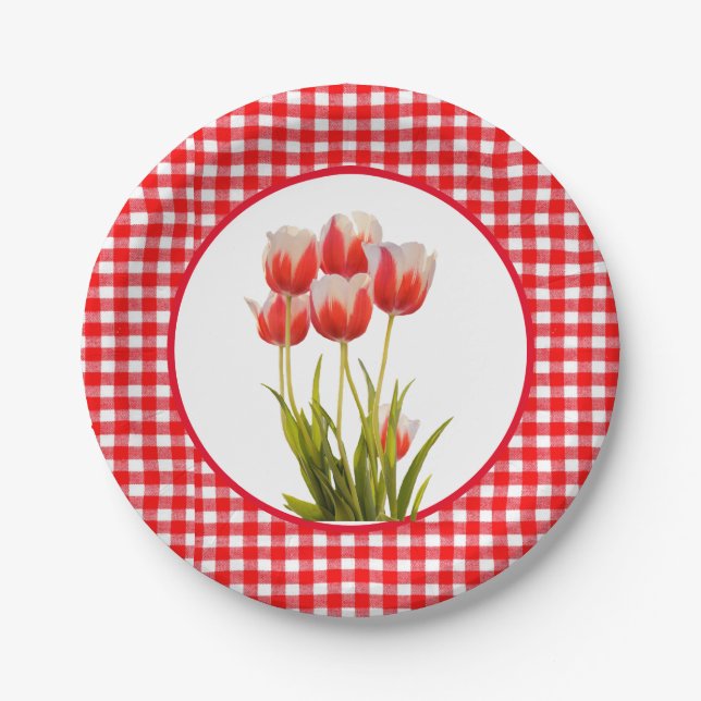 Plato De Papel Tulipán rojo con Gingham (Anverso)