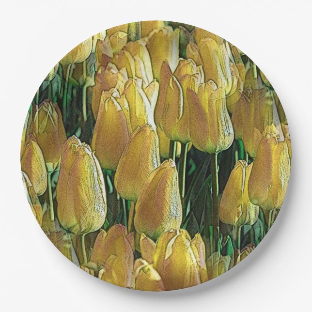 Plato De Papel Tulipanes amarillos brillantes (Anverso)