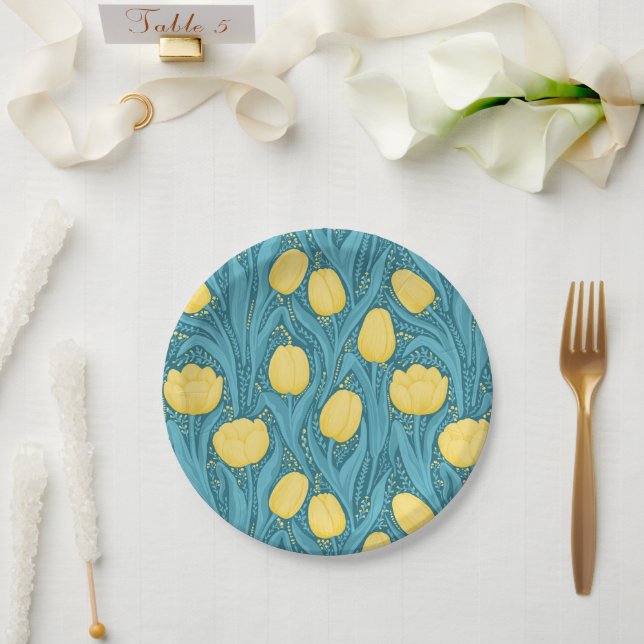 Plato De Papel Tulipanes azules y amarillos (Boda)
