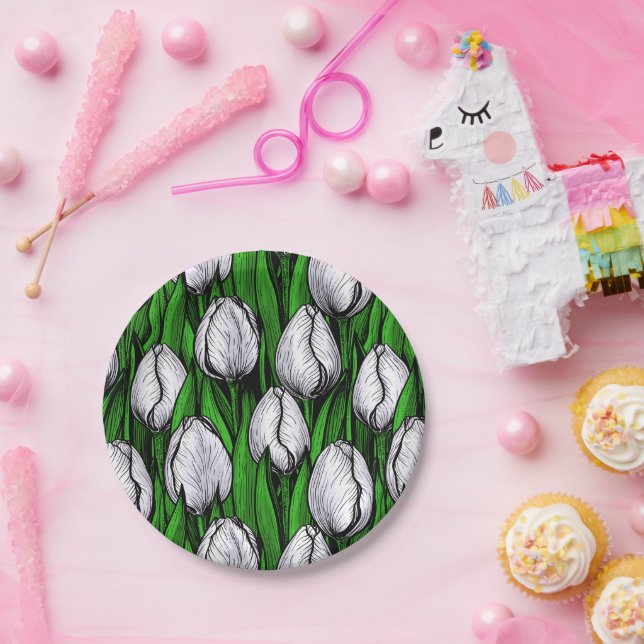 Plato De Papel Tulipanes blancos con hojas verdes (Fiesta)