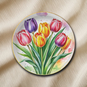 Plato De Papel Tulipanes Coloridos Elegantes