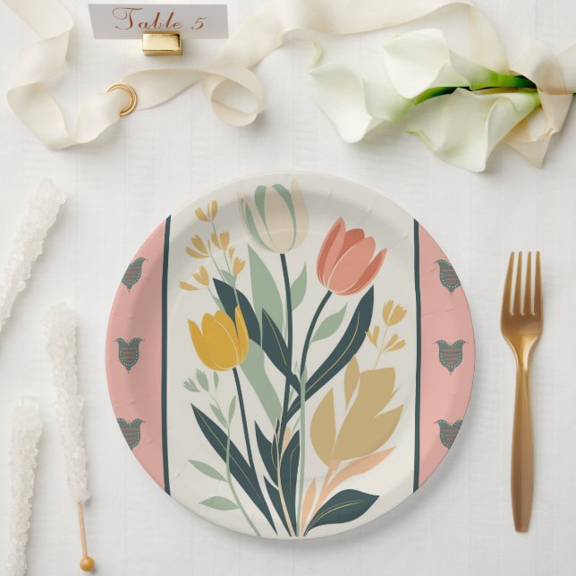 Plato De Papel Tulipanes de Arte Popular Escandinavo (Boda)