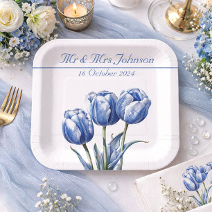 Plato De Papel Tulipanes en Azul de Delft personalizables