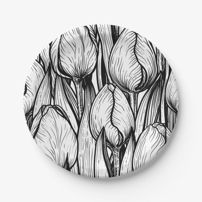Plato De Papel Tulipanes en blanco y negro (Anverso)
