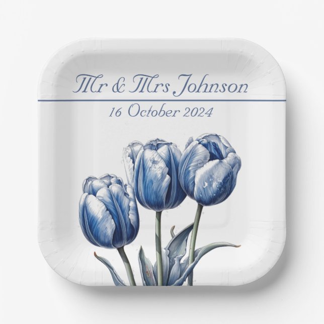 Plato De Papel Tulipanes en el personalizable azul Delft (Anverso)