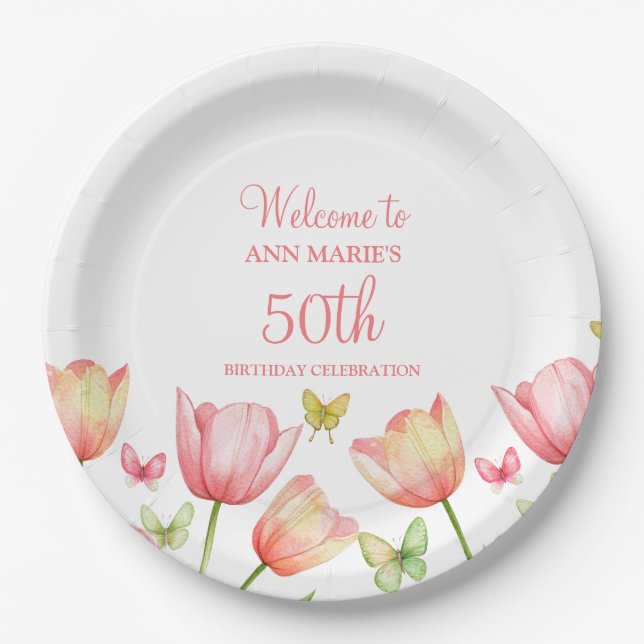 Plato De Papel Tulipanes Florales Acuarela Peachy  (Anverso)