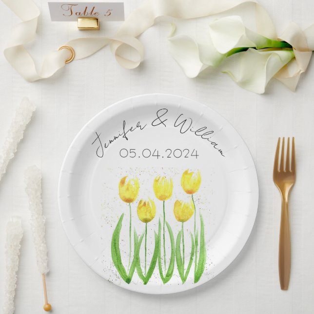 Plato De Papel Tulipanes flores acuarela Boda Rústico Amarillo (Boda)