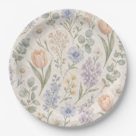 Plato De Papel Tulipanes Lilas Acuarela Pradera Primaveral Pastel