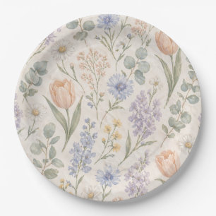 Plato De Papel Tulipanes Lilas Acuarela Pradera Primaveral Pastel