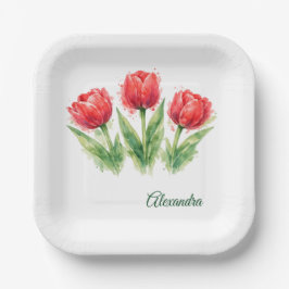 Plato De Papel Tulipanes rojos personalizados de acuarela