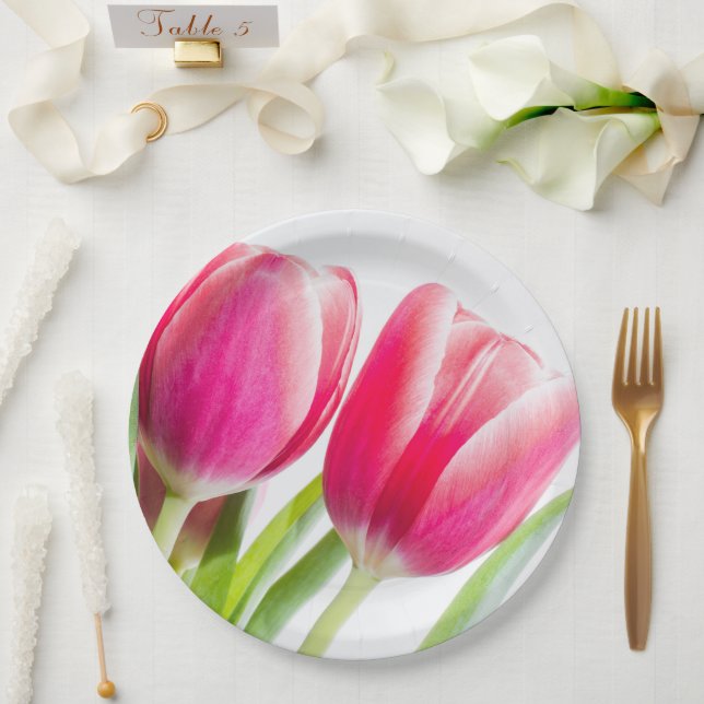 Plato De Papel Tulipanes rosados con foto de hojas verdes (Boda)