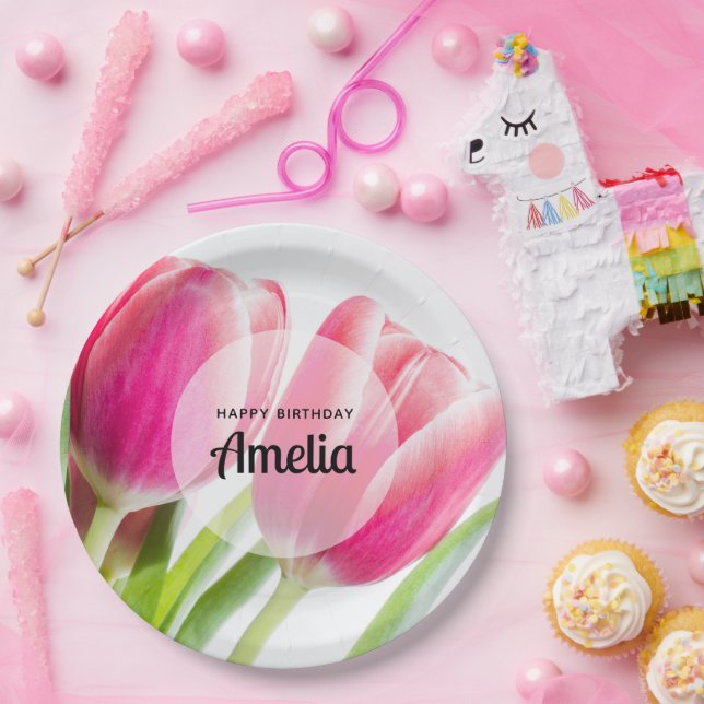 Plato De Papel Tulipanes rosados con hojas verdes foto cumpleaños (Fiesta)