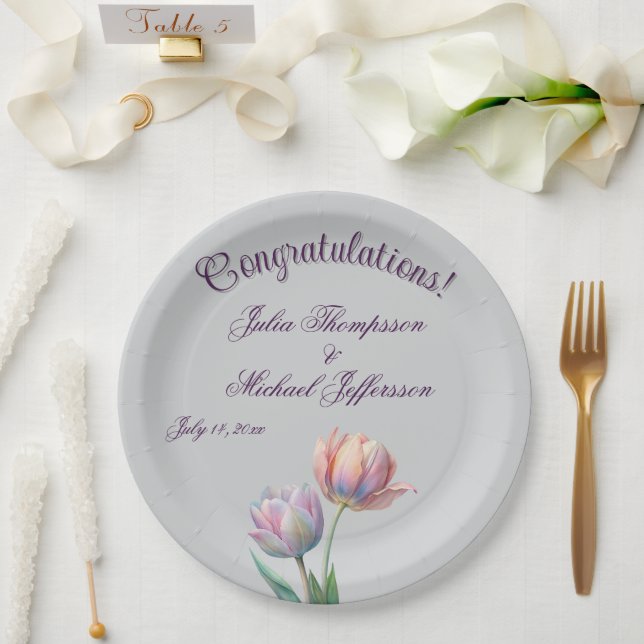 Plato De Papel Tulipano romántico y poético pastel acuarela (Boda)