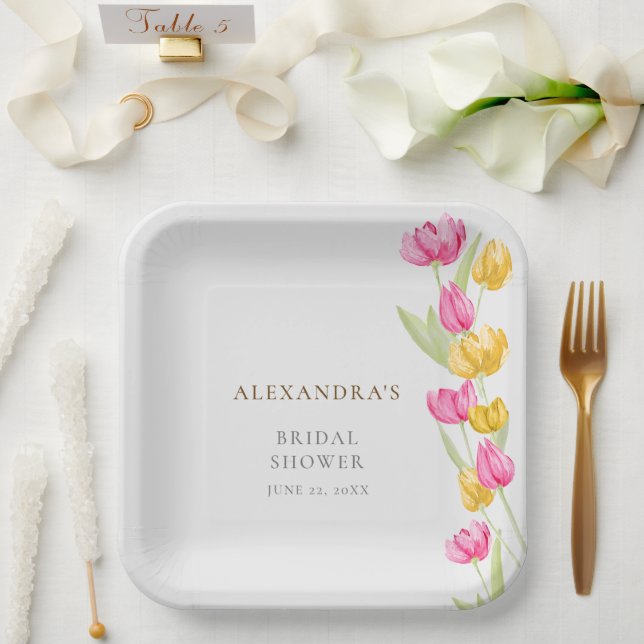 Plato De Papel Tulips Calligraphy Pink Spring Boho Shower (Boda)