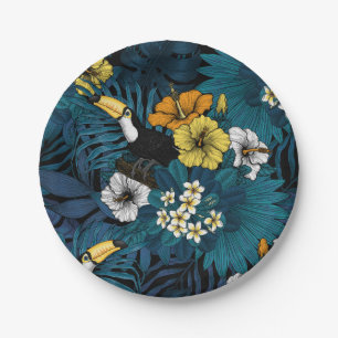 Plato De Papel Turcanos y flora tropical, azul , amarillo , naran
