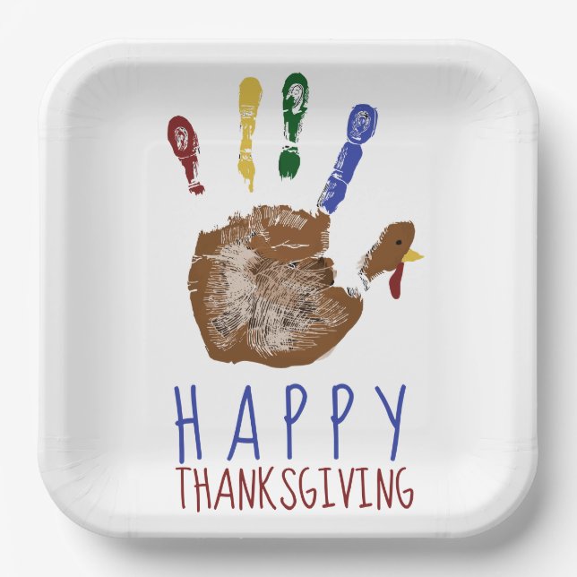 Plato De Papel Turkey Handprint Kid Happy Thanksgiving Cute  (Anverso)