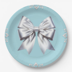 Plato De Papel Turquesa Azul Huevo de Robin Gran Lazo Blanco Nupc