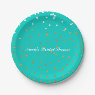 Plato De Papel Turquesa Azul y Dorado Brillante Confeti Puntos Mo