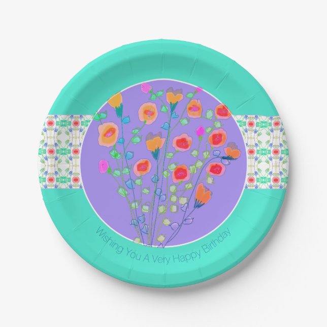 Plato De Papel Turquesa Malva Y Atractivo Floral (Anverso)