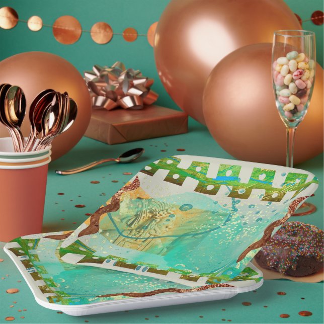 Plato De Papel Turquesa maya y boho mexicano de oro (Multi)