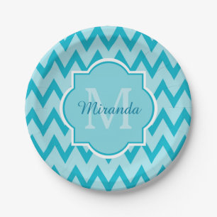 Plato De Papel Turquesa Moderna Chevron Zigzag Nombre y Monograma