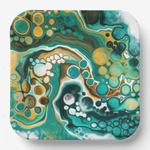 Plato De Papel Turquesa, Oro, Marble Fluid Art