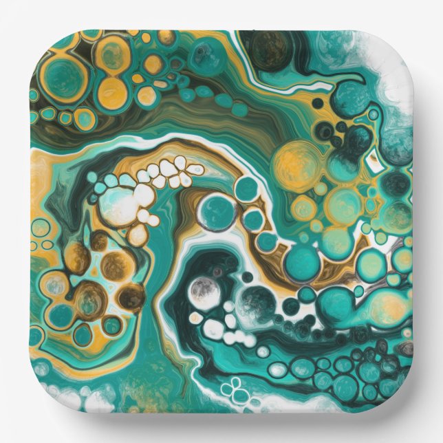 Plato De Papel Turquesa, Oro, Marble Fluid Art (Anverso)