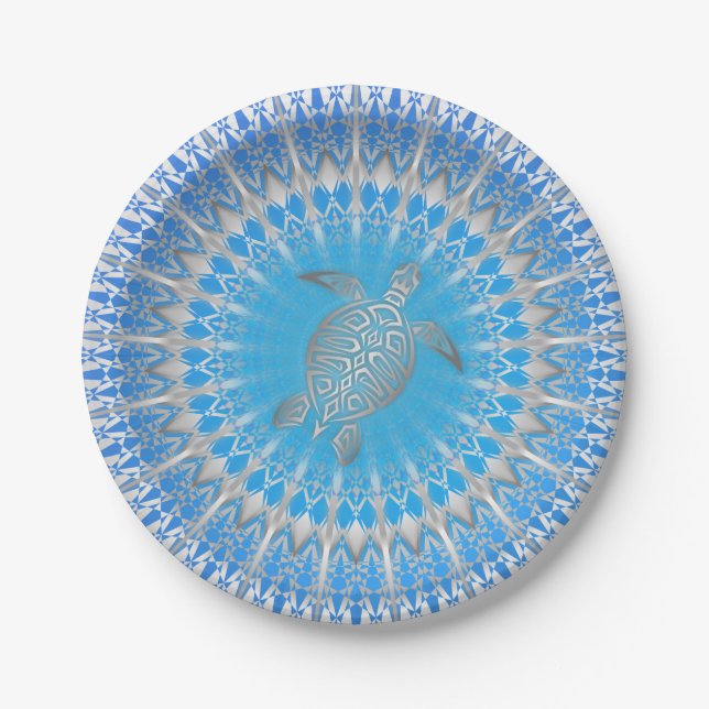 Plato De Papel Turquesa Púrpura Tortuga Plata Mandala (Anverso)