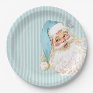 Plato De Papel Turquesa Santa Claus Victoriano Antiguo Desgastado