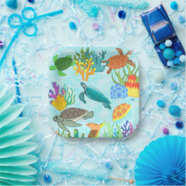 Plato De Papel Turquesa Verde Aguamarina Tortugas Marinas Corales