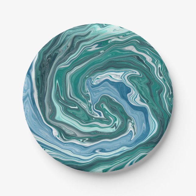 Plato De Papel Turquesa y azul océano Oleada Swirls (Anverso)
