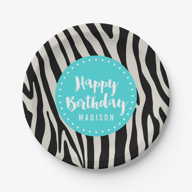 Plato De Papel Turquesa y Black Zebra Stripe Birday Party (Anverso)