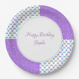 Plato De Papel Turquesa y púrpura cumpleaños personalizado
