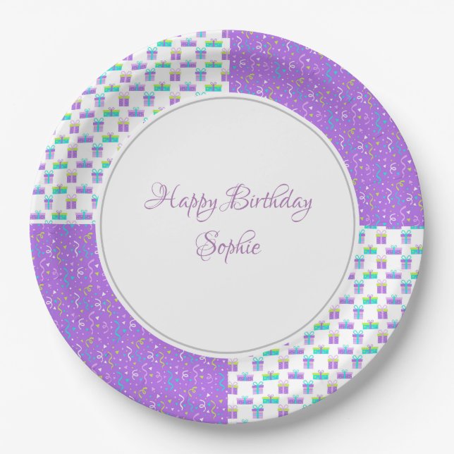 Plato De Papel Turquesa y púrpura cumpleaños personalizado (Anverso)