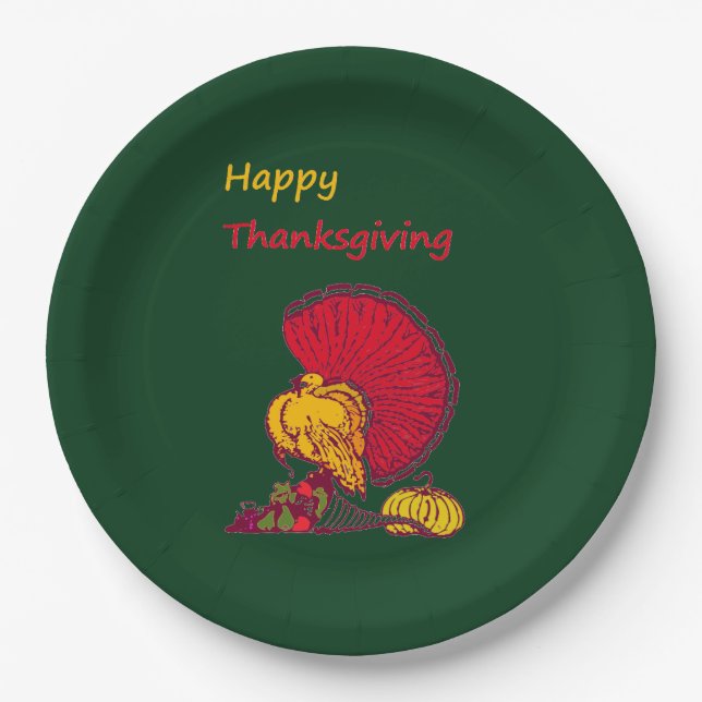 Plato De Papel Turquía y verduras felices Día de Acción de Gracia (Anverso)