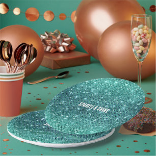 Plato De Papel Turquoise Aqua Green Sparkle