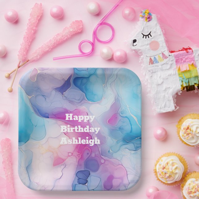 Plato De Papel Turquoise Aqua Purple Pink Marble Cumpleaños (Fiesta)