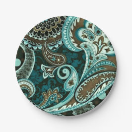 Plato De Papel Turquoise Brown Vintage Paisley