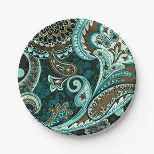 Plato De Papel Turquoise Brown Vintage Paisley