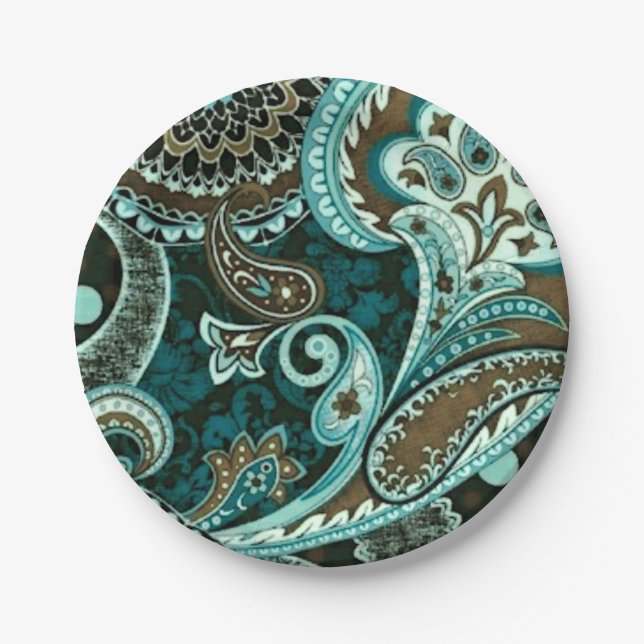 Plato De Papel Turquoise Brown Vintage Paisley (Anverso)