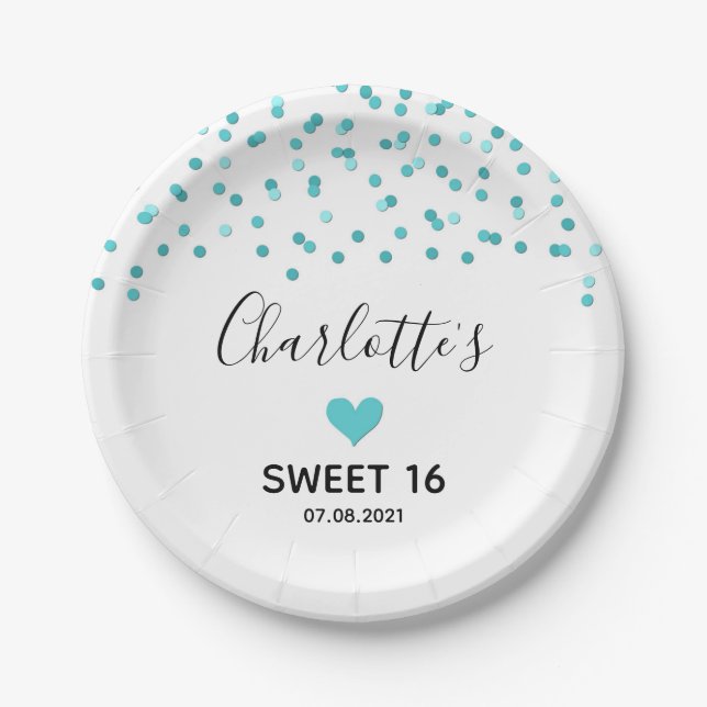 Plato De Papel Turquoise Confetti Sweet 16 Fiesta de cumpleaños (Anverso)