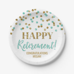 Plato De Papel Turquoise Gold Confetti feliz retiro