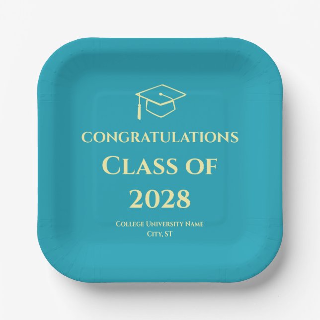 Plato De Papel Turquoise Modern Typography Graduation Party (Anverso)