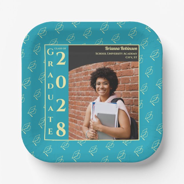 Plato De Papel Turquoise Photo Modern Graduation Cap Party (Anverso)