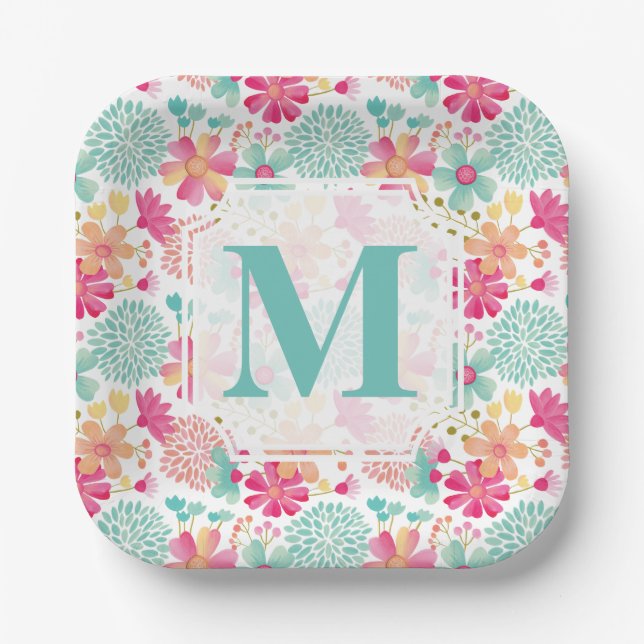 Plato De Papel Turquoise Pink Painted Floral monogram Napkins (Anverso)