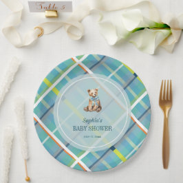 Plato De Papel Turquoise Plaid Teddy Bear Boy Baby Shower
