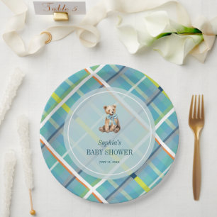 Plato De Papel Turquoise Plaid Teddy Bear Boy Baby Shower