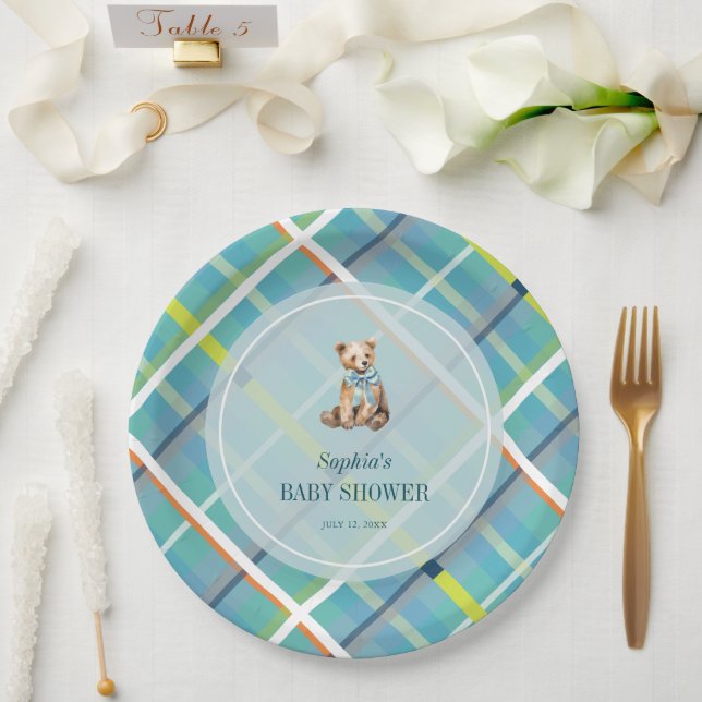 Plato De Papel Turquoise Plaid Teddy Bear Boy Baby Shower (Boda)