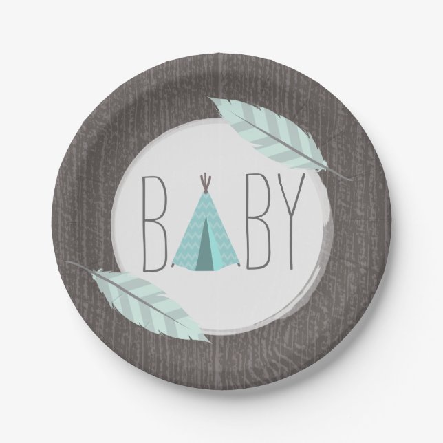 Plato De Papel Turquoise Tipi Baby Shower - Inspirado en la mader (Anverso)