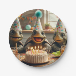 Plato De Papel Turtles celebrating birthday with cake and hats In